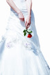Red rose in hands and white dress of the bride