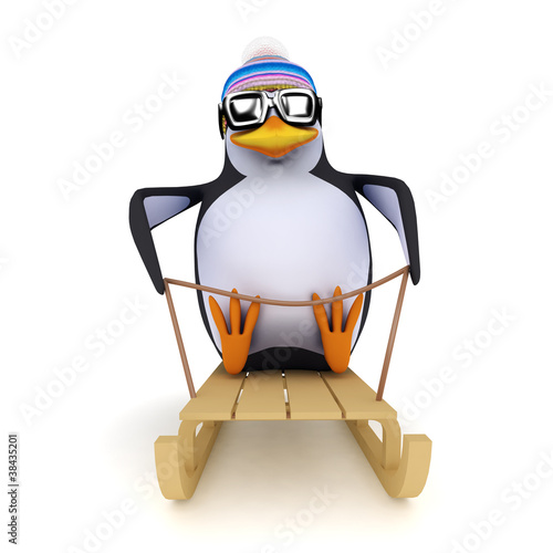 Illustration: 3d Penguin slides on his toboggan! 3d Penguin slides on his toboggan!