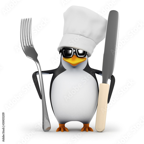 Illustration: 3d Penguin chef is ready with knife and fork 3d Penguin chef is ready with knife and fork