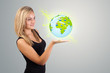 woman holding virtual eco sign woman holding virtual eco sign