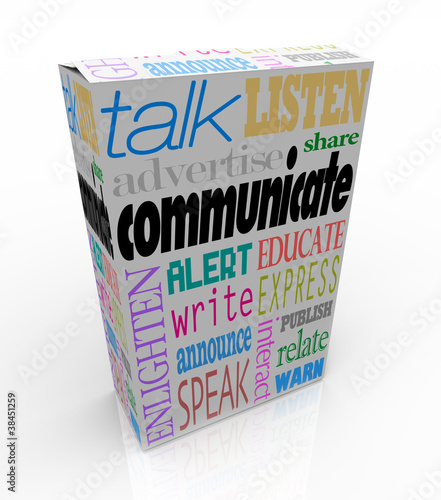 Illustration: Communication Words on Box Sharing Ideas and Messages Communication Words on Box Sharing Ideas and Messages