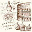 hand drawn italian food and architecture