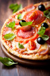 Pizza with salami, tomatoes and olives