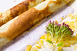 Pancake with marmalade, yogurt sauce and yellow fruits