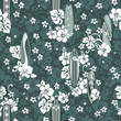 Surfboards with hibiscuses seamless pattern