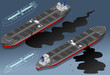 Vektor: Isometric ship tanker leaky oil in two position Isometric ship tanker leaky oil in two position