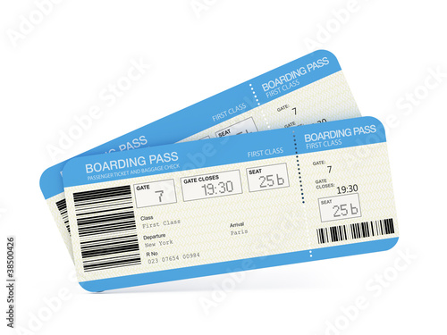 Photo: Two airline boarding pass tickets isolated on white Two airline boarding pass tickets isolated on white