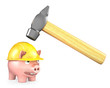 Piggy bank in yellow helmet under large hammer