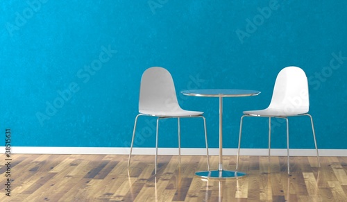Illustration: Wohndesign - weisse Stühle vor blauer Wand Wohndesign - weisse Stühle vor blauer Wand