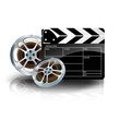 video film tape with cinema clapper and filmstrip on blue backgr