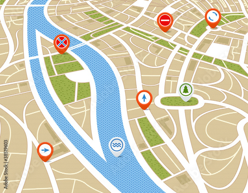 Vector: Perspective background of abstract city map with symbols Perspective background of abstract city map with symbols