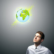 businessman holding virtual eco sign businessman holding virtual eco sign