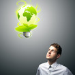 businessman holding virtual eco sign businessman holding virtual eco sign