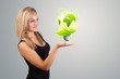 woman holding virtual eco sign woman holding virtual eco sign