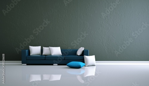 Illustration: Wohndesign - blaues Sofa vor grauer Wand Wohndesign - blaues Sofa vor grauer Wand