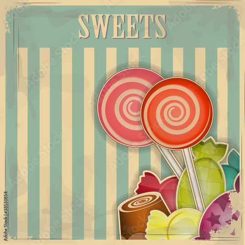 Vector: vintage postcard - sweet candy on striped background vintage postcard - sweet candy on striped background