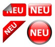 Neu - Kollektion mit Button, Schild, Sticker