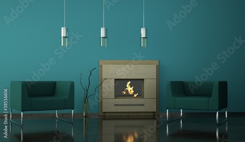 Photo: Wohndesign - Sessel türkis vor Kamin Wohndesign - Sessel türkis vor Kamin