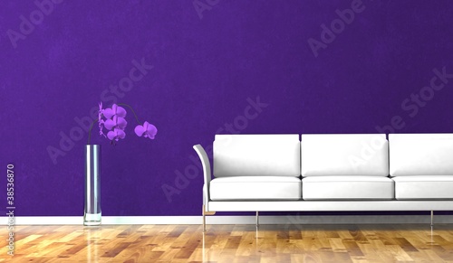 Photo: Wohndesign - Weisses Sofa vor lila Wand Wohndesign - Weisses Sofa vor lila Wand