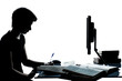 one young teenager boy  girl silhouette studying with computer c