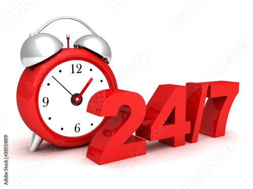 Illustration: red alarm clock with the numbers 24 and 7. full availability red alarm clock with the numbers 24 and 7. full availability