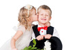 little gentlemen and lady kissing isolated on white