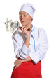 woman- chef with knife and money