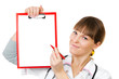 Nurse / doctor showing blank clipboard sign