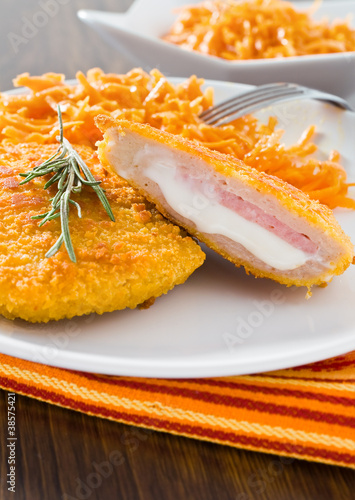 Photo: Chicken cordon bleu with grated carrots. Chicken cordon bleu with grated carrots.