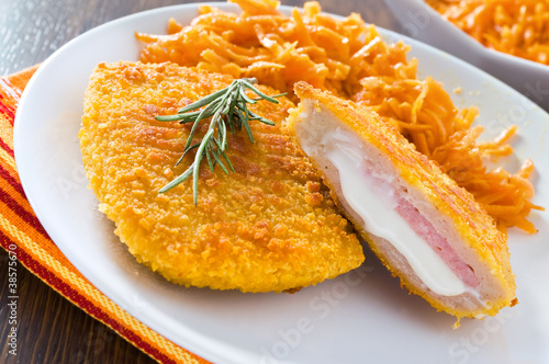 Photo: Chicken cordon bleu with grated carrots. Chicken cordon bleu with grated carrots.