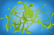 Many twisting green arows on a blue background