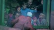 Kids watch on female orangutan with baby sit in ZOO