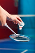 Badminton sport in gym - hand with shuttlecock