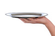 Woman's hand holding a silver tray Woman's hand holding a silver tray