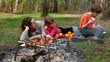 Family lay on grass covered by plaid, kebab on bonfire