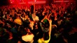 Girl sits on mans shoulders among people at rave party
