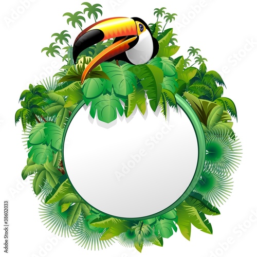 Vector: Tucano Sfondo Giungla-Toucan on Jungle Label Background-Vector Tucano Sfondo Giungla-Toucan on Jungle Label Background-Vector
