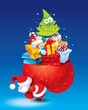 Christmas card with Santa, lots of gifts and christmas tree Christmas card with Santa, lots of gifts and christmas tree