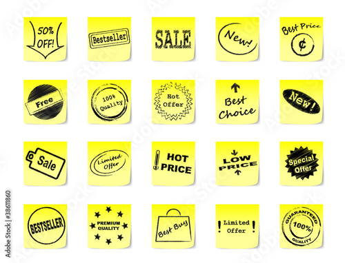 Vector: Post-it notes with icons for goods and products Post-it notes with icons for goods and products