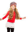 kid girl winter dancing with red shirt and fur hat