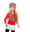 kid girl winter dancing with red shirt and fur hat