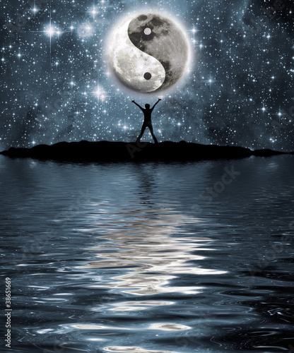 Illustration: Man in front of moon with the sign of the yin and yang Man in front of moon with the sign of the yin and yang