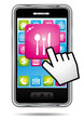 Hand cursor opening restaurant application on smartphone. Hand cursor opening restaurant application on smartphone.