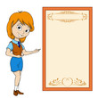 Smiling cartoon girl with placard