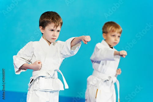 Photo: two boys make karate exercises two boys make karate exercises