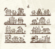Sketch of cute houses on shelves for your design