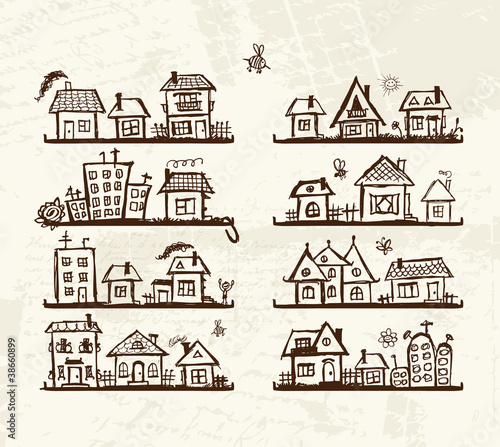 Vector: Sketch of cute houses on shelves for your design Sketch of cute houses on shelves for your design