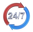 24 hours seven days a week sign. 3D photo rendering.