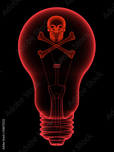 Illustration: Red lightbulb with skull and crossbones x-ray silhouette Red lightbulb with skull and crossbones x-ray silhouette