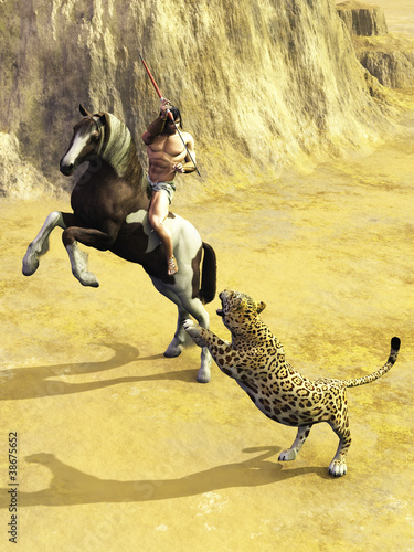 Illustration: Hunter against big cat Hunter against big cat